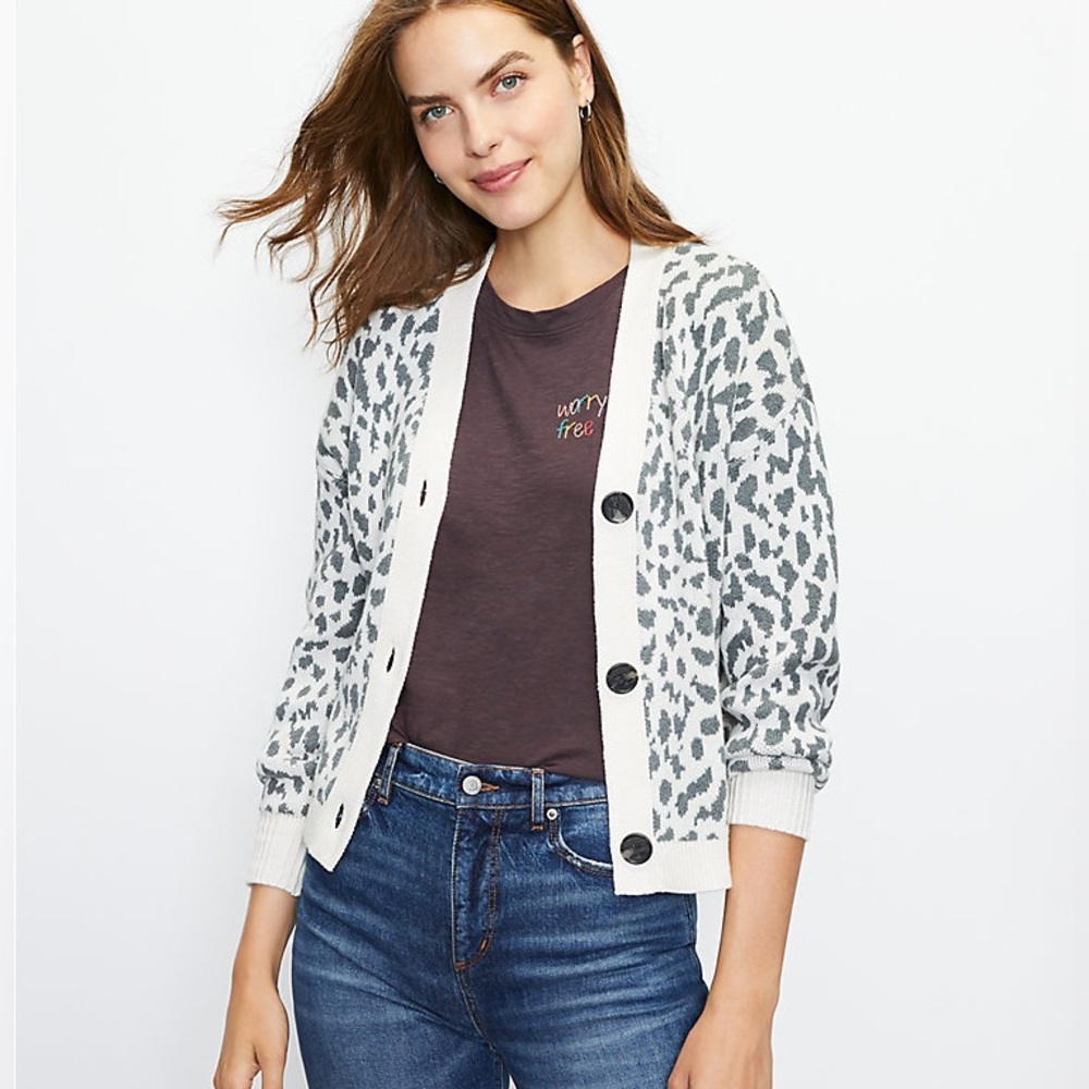 LOFT Gray Leopard Print Cardigan - Picture 2 of 14
